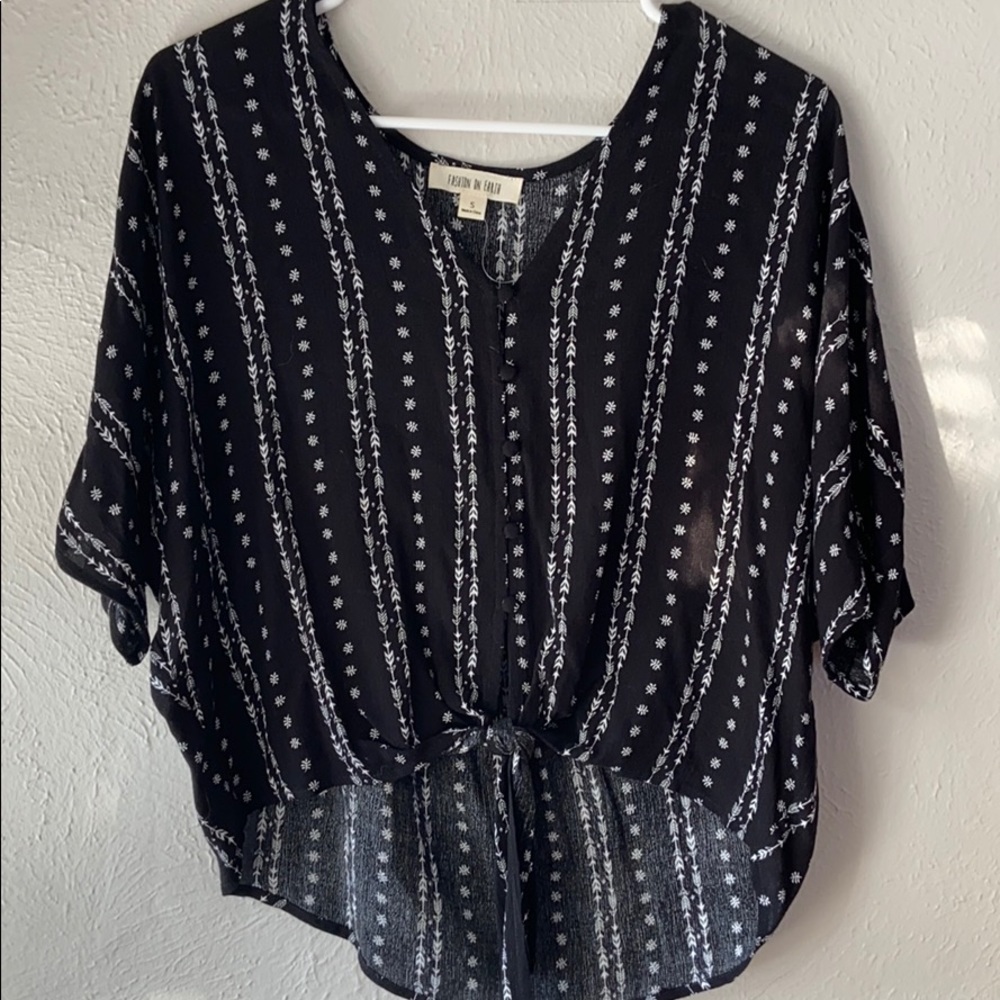 Flowy front tie, button down black top